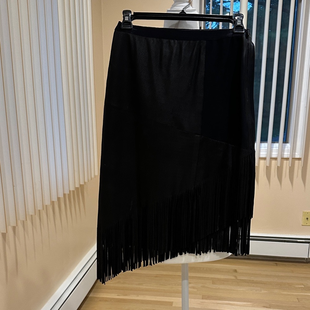 Elie Tahari Black Midi Skirt with Fringe